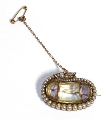 Lot 733 - A Victorian Amethyst, Citrine and Seed Pearl Snake Brooch, and oval centre formed of a calibré cut