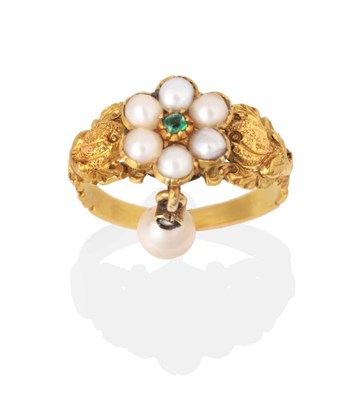 Lot 737 - A Pearl, Emerald and Diamond Sweetheart Ring, an emerald within a cluster of seed pearls to a...