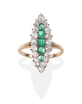 Lot 739 - An Emerald and Diamond Navette Ring, a band of octagonal cut emeralds within a border of old...