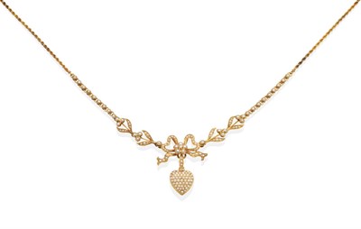 Lot 743 - An Edwardian Seed Pearl Necklace, a central ribbon motif with an old cut diamond suspending a heart