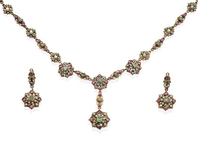 Lot 755 - An Austro-Hungarian Necklace and Earring Suite, comprising links of step cut green beryl within...