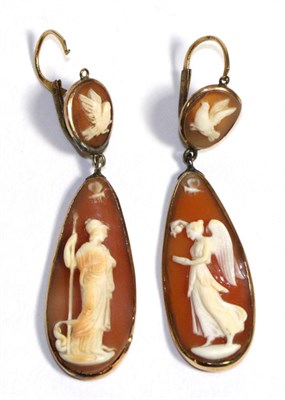 Lot 756 - A Pair of Cameo Drop Earrings, a small oval cameo carved with a dove suspends a larger cameo...