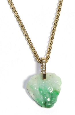 Lot 761 - A 9 Carat Gold Jade and Diamond Pendant on Chain, a jade plaque carved as a fruiting vine, to a...