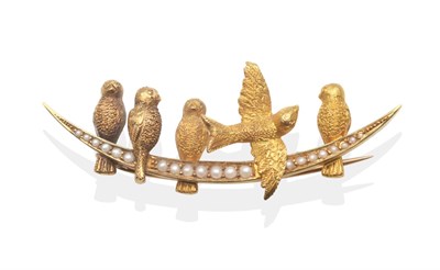 Lot 768 - A Seed Pearl Bird Brooch, modelled as five birds above a seed pearl set crescent, measures 2cm...