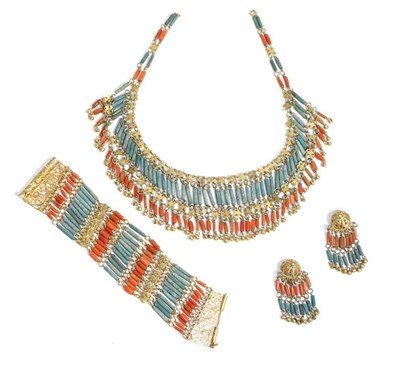 Lot 771 - An Egyptian Revival Coral and Ceramic Bead Suite; comprising a Necklace, Bracelet and A Pair of...