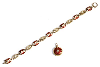 Lot 773 - An Enamel and Pearl Bracelet, split oval links enamelled in red and white alternate with pearl...