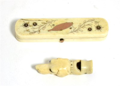 Lot 833 - A Victorian Carved Ivory Dog Head Whistle; and A George III Ivory and Gold Pique Work Toothpick...