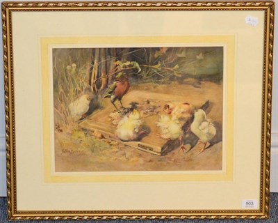 Lot 903 - Nellie Harvey (ex.1890-1938) Scottish Chicks and a bird outside a farm building  Signed,...