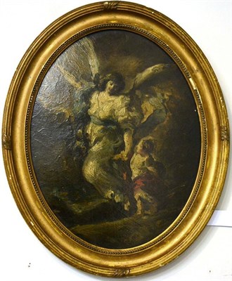 Lot 917 - Follower of Sir J Reynolds RA FRS FRSA (1723-1792)  Tobias and the Angel Oil on board, 36cm by 27cm