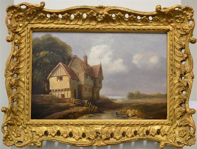 Lot 931 - Attributed to Edward Robert Smythe (1810-1899) Cottages by a pond Oil on panel, 24cm by 36cm