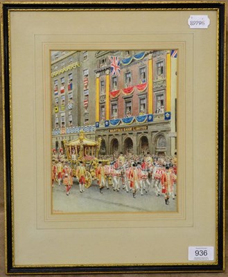 Lot 936 - Fortunino Matania RI (1881-1963) Italian Coronation Procession before Martins Bank Limited  Signed