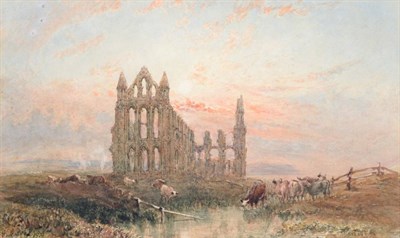 Lot 938 - George Weatherill (1810-1890)  Cattle watering before Whitby Abbey  Signed and indistinctly...