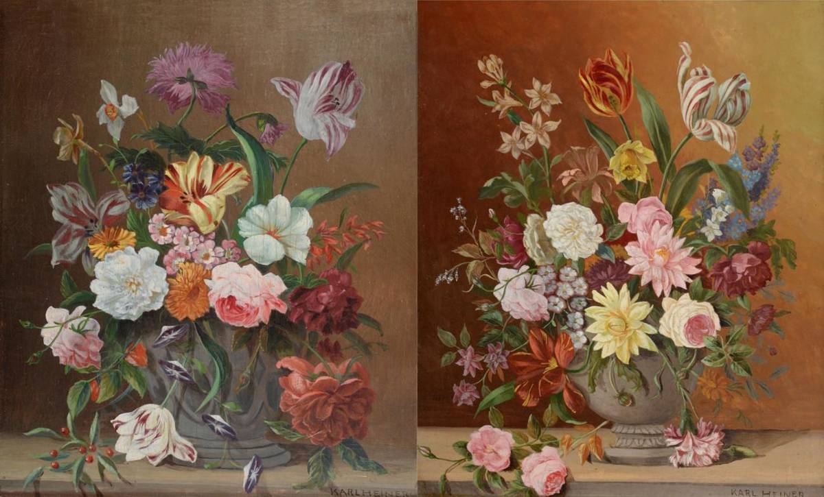 Lot 944 - Karl Heiner (20th century) Austrian  ";Still life";  ";Antique Flowers"; Each signed, oil on panel