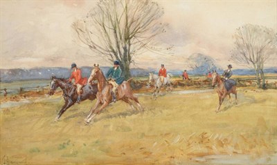 Lot 951 - John Atkinson (1863-1924)  The hunt on the scent of a fox Signed, watercolour, 16cm by 27cm