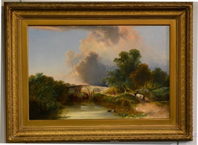 Lot 961 - Follower of Henry John Boddington (1811-1865)  Loaded barge boat traversing a river with horse...