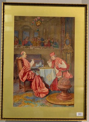 Lot 969 - Umberto Cacciarelli (1880-1910) Italian Cardinals playing a game of chess in an interior...