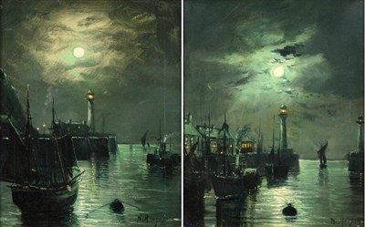 Lot 972 - Walter Linsley Meegan (1859-1944) Harbour scene by moonlight Signed, oil on canvas, together with a