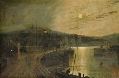 Lot 973 - Walter Linsley Meegan (1859-1944) Nocturne view of a harbour Signed, oil on canvas, 49cm by 74cm