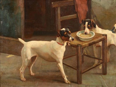 Lot 983 - Alfred Duke (1863-1905) Keeping Watch - Jack Russell terriers in an interior  Signed, oil on...