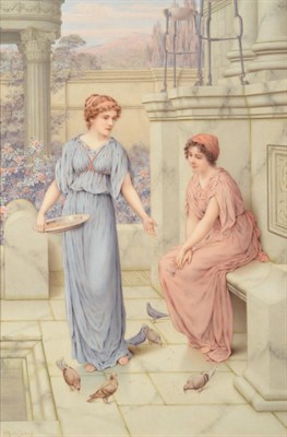 Lot 992 - William Anstey Dolland (1858-1929) Classical ladies beside a pool feeding doves Signed,...