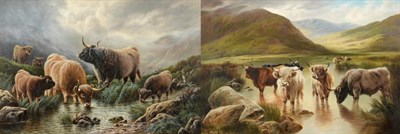 Lot 994 - William Perring Hollyer (1834-1932) Highland cattle watering Signed, oil on canvas, together with a