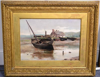 Lot 1002 - Harry Floyd (late 19th century)  Beached boat with figures in conversation beyond  Signed and dated