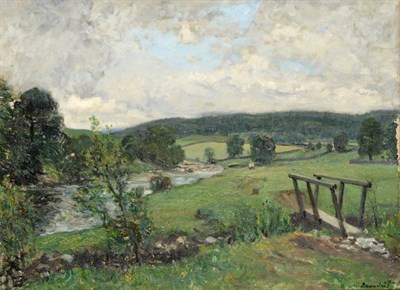 Lot 1015 - Reginald Grange Brundrit RA, ROI (1883-1960) Dales landscape with footbridge in foreground...