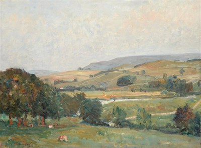 Lot 1016 - Reginald Grange Brundrit RA, ROI (1883-1960) Dales landscape with cattle grazing  Signed, oil...