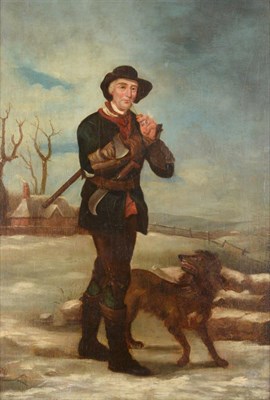 Lot 1029 - Circle of Thomas Barker (19th century)  Woodsman smoking a pipe before a winter landscape  Oil...