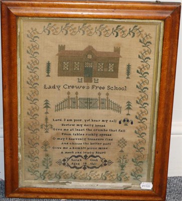 Lot 1044 - A Sampler Titled 'Lady Crewe's Free School', worked by Sarah Cook, aged 14, dated 1861, with...