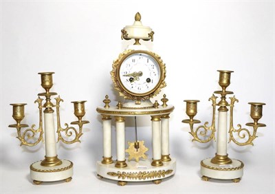 Lot 1061 - A White Marble Portico Striking Mantel Clock with Garniture, 20th century, gilt metal mounts,...