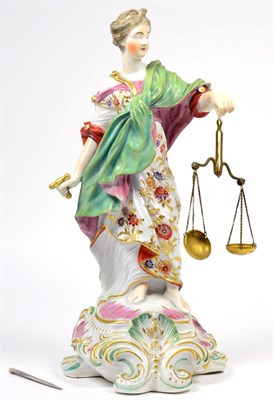 Lot 8 - A Derby Porcelain Figure of Justice, circa 1770, as a classical maiden holding a sword and gilt...