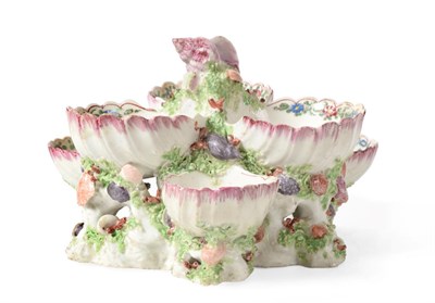 Lot 17 - A Bow Porcelain Shell Centrepiece, circa 1765, as six shells painted with chinoiserie flowers...