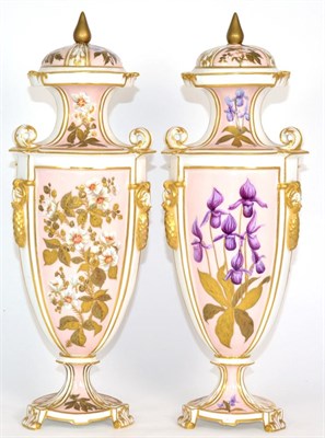 Lot 38 - A Pair of Royal Crown Derby Porcelain Urn Shaped Vases and Covers, circa 1890, with loop and...