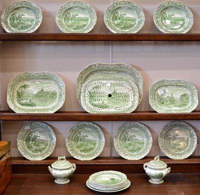 Lot 70 - A Copeland & Garrett Pottery Dinner Service, circa 1835, printed in green with named scenes...