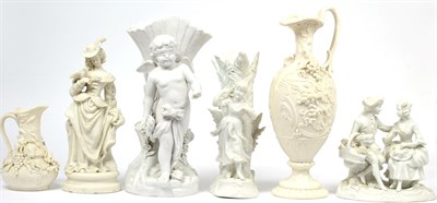 Lot 71 - A Bisque Porcelain Figure Group of 18th Century Lovers, circa 1900, he with a basket of...