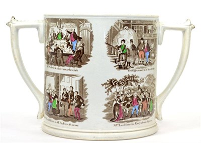 Lot 75 - A J&R Godwin Pottery Loving Cup, circa 1850, printed and overpainted with scenes from The...