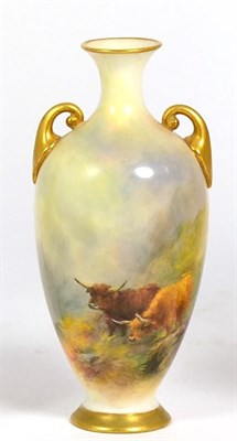 Lot 90 - A Royal Worcester Porcelain Small Twin-Handled Baluster Vase, 1921, painted in the manner of...