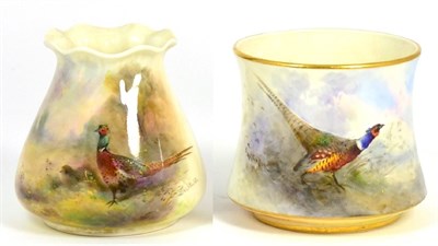 Lot 96 - A Royal Worcester Porcelain Bag Shaped Vase, by James Stinton, 1928, painted with a pheasant in...