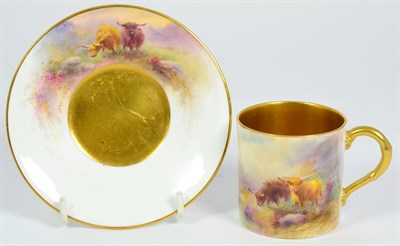 Lot 100 - A Royal Worcester Porcelain Coffee Can and Saucer, by Harry Stinton, 1928, painted with...