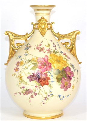 Lot 106 - A Royal Worcester Porcelain Twin-Handled Ovoid Vase, 1892, decorated with flowers on a blush ground