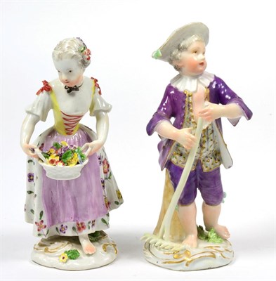 Lot 120 - A Matched Pair of Meissen Porcelain Figures of Gardeners, circa 1760, he standing holding a...