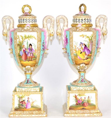 Lot 138 - A Pair of Dresden Porcelain Urn Shaped Vases and Covers, early 20th century, with swan handles,...