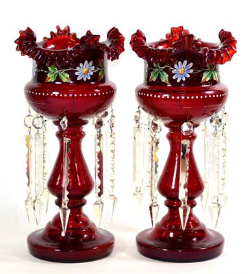 Lot 143 - A Pair of Ruby Glass Table Lustres, circa 1890, with frilled rims, painted foliate bands and...