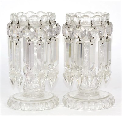 Lot 152 - A Pair of Late Victorian Glass Lustres, the arcaded bowls hung with prismatic drops on stems...