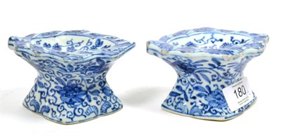 Lot 180 - A Pair of Chinese Porcelain Pedestal Salts, Qianlong, with leaf shaped pans, painted in...