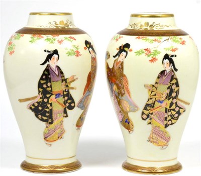 Lot 198 - A Pair of Noritake Porcelain Baluster Vases, early 20th century, painted with geishas within formal