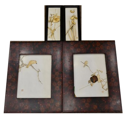 Lot 205 - A Pair of Japanese Shibayama Type Panels, Meiji period, worked in carved ivory with birds in...