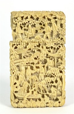 Lot 222 - A Cantonese Ivory Card Case, circa 1870, of rectangular form, typically carved with figures and...