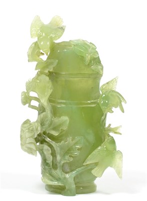 Lot 227 - A Chinese Jade Vase and Cover, late Qing Dynasty, of baluster form, with birds amongst...